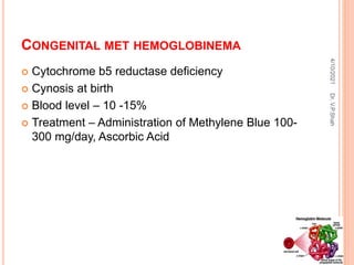 CONGENITAL MET HEMOGLOBINEMA
 Cytochrome b5 reductase deficiency
 Cynosis at birth
 Blood level – 10 -15%
 Treatment – Administration of Methylene Blue 100-
300 mg/day, Ascorbic Acid
4/10/2021
Dr.
V.P.Shah
 