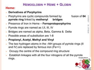 HEMOGLOBIN = HEME + GLOBIN
Heme:
 Derivatives of Porphyrins
 Porphyrins are cyclic compounds formed by fusion of 04
pyrrole ring linked by methenyl bridges
 Presence of Iron in Heme – Ferroprotoporphyrins
 Pyrrole rings are named as I,II, III, IV
 Bridges are named as alpha, Beta, Gamma & Delta
 Possible areas of substitution are 1-8
 Propionyl, Acetyl, Methyl and Vinyl
 The two hydrogen atoms in the –NH groups of pyrrole rings (II
and IV) are replaced by ferrous iron (Fe++)
 Occupy the centre of the compound ring structure
 Establish linkages with all the four nitrogens of all the pyrrole
rings.
4/10/2021
Dr.
V.P.Shah
 