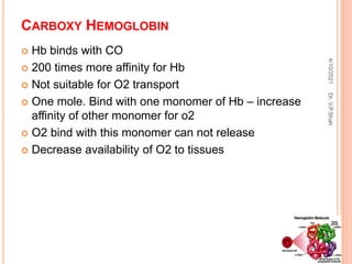 CARBOXY HEMOGLOBIN
 Hb binds with CO
 200 times more affinity for Hb
 Not suitable for O2 transport
 One mole. Bind with one monomer of Hb – increase
affinity of other monomer for o2
 O2 bind with this monomer can not release
 Decrease availability of O2 to tissues
4/10/2021
Dr.
V.P.Shah
 