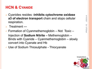 HCN & CYANIDE
 Cyanides resides -inhibits cytochrome oxidase
a3 of electron transport chain and stops cellular
respiration.
 Treatment ---
 Formation of Cyanmethemoglobin – Not Toxic –
Injection of Sodium Nitrite – Methemoglobin –
Binds with Cyanide – Cyanmethemoglobin – slowly
convert into Cyanate and Hb
 Use of Sodium Thiosulphate - Thiocyanate
4/10/2021
Dr.
V.P.Shah
 