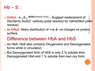 Hb – S :
 Defect : α 2 β 2
A6Val(Glutamic Acid) – Suggest replacement of
Gluctamic Acid(2 carboxy polar residue) by Valine(Non polar
residue)
 Its Effect: Alters distribution of +ve & -ve charges on protein
surface.
Difference between HbA and HbS
 As HbA, HbS also contains Oxygenated and Deoxygenated
forms while in circulation.
 But Deoxygenated form of HbS is only 2 % soluble then
Deoxygenated HbA and 1 % soluble then own oxy form.
4/10/2021
Dr.
V.P.Shah
 