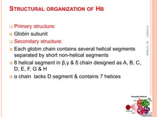 STRUCTURAL ORGANIZATION OF HB
 Primary structure:
 Globin subunit
 Secondary structure:
 Each globin chain contains several helical segments
separated by short non-helical segments
 8 helical segment in β,γ & δ chain designed as A, B, C,
D, E, F, G & H
 α chain lacks D segment & contains 7 helices
4/10/2021
Dr.
V.P.Shah
 