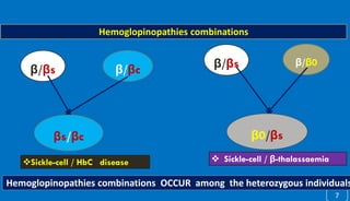 7
β/βcβ/βs
β/β0
βs/βc
Sickle-cell / HbC disease
β/βs
β0/βs
 Sickle-cell / β-thalassaemia
Hemoglopinopathies combinations
Hemoglopinopathies combinations OCCUR among the heterozygous individuals
 