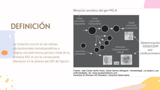 La mutación ocurre en las células
pluripotenciales hematopoyéticas y
origina una deficiencia parcial o total de la
proteína PIG-A con la consecuente
alteración en la síntesis del GPI de fijación
DEFINICIÓN
 