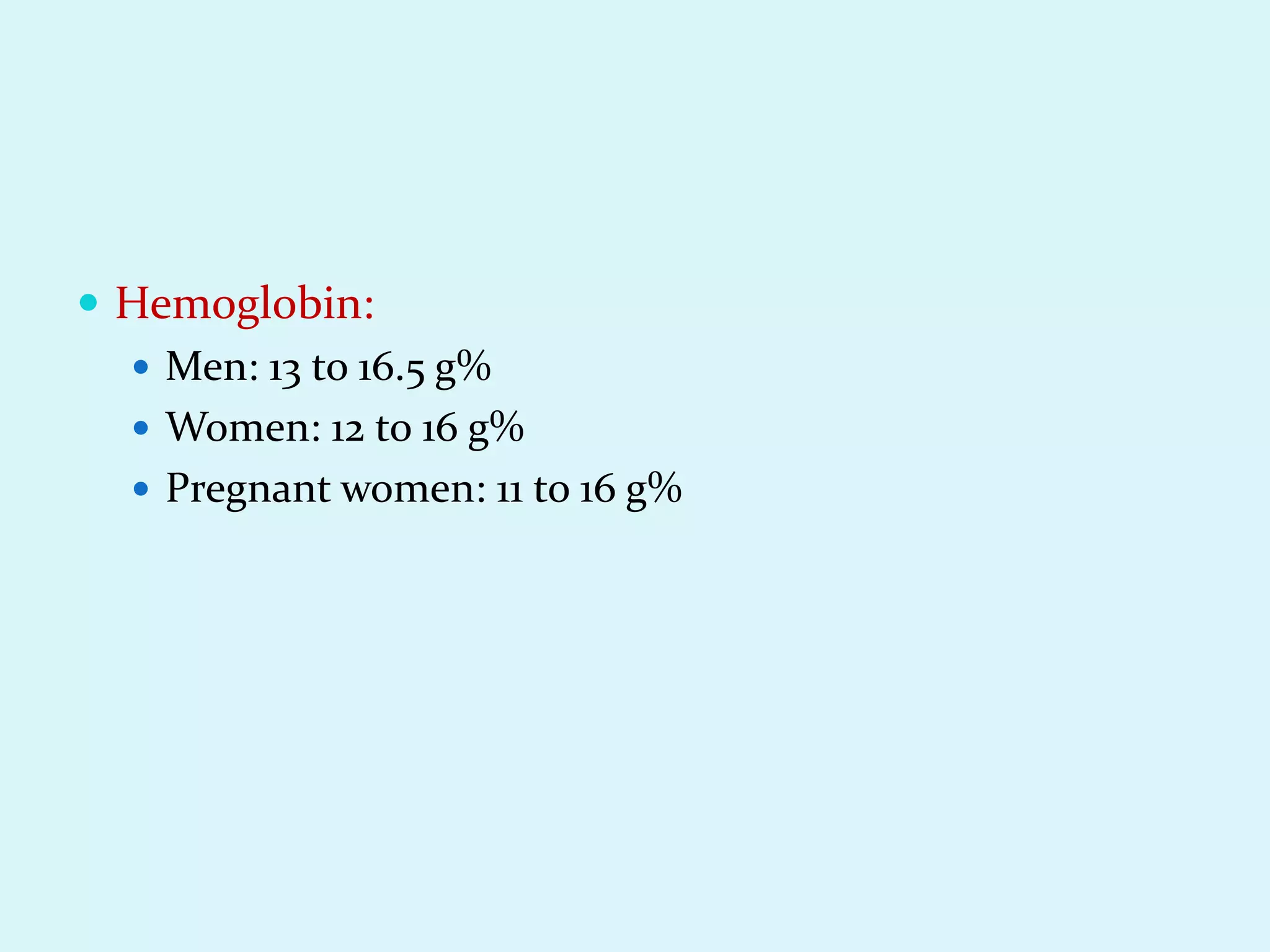  Hemoglobin:
 Men: 13 to 16.5 g%
 Women: 12 to 16 g%
 Pregnant women: 11 to 16 g%
 