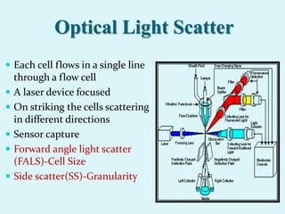 Optical Light Scatter
 Each cell flows in a single line
through a flow cell
 A laser device focused
 On striking the cells scattering
in different directions
 Sensor capture
 Forward angle light scatter
(FALS)-Cell Size
 Side scatter(SS)-Granularity
 