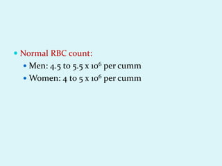  Normal RBC count:
 Men: 4.5 to 5.5 x 106 per cumm
 Women: 4 to 5 x 106 per cumm
 