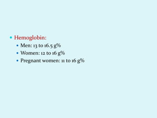  Hemoglobin:
 Men: 13 to 16.5 g%
 Women: 12 to 16 g%
 Pregnant women: 11 to 16 g%
 