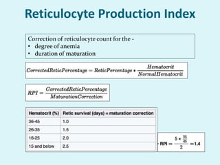 Reticulocyte Production Index
Correction of reticulocyte count for the -
• degree of anemia
• duration of maturation
 