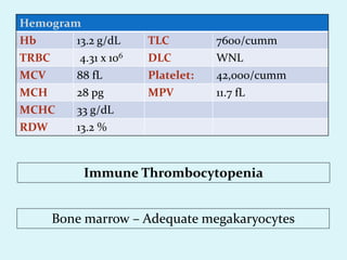 Hemogram
Hb 13.2 g/dL TLC 7600/cumm
TRBC 4.31 x 106 DLC WNL
MCV 88 fL Platelet: 42,000/cumm
MCH 28 pg MPV 11.7 fL
MCHC 33 g/dL
RDW 13.2 %
Immune Thrombocytopenia
Bone marrow – Adequate megakaryocytes
 