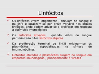 Linfócitos
 Os linfócitos vivem longamente , circulam no sangue e
na linfa e localizam-se por prazo variável nos orgãos
linfóides, onde podem ativar-se e proliferar em resposta
a estímulos imunológicos
 Os linfócitos ativados quando vistos no sangue
periférico são ditos linfócitos atípicos
 Da proliferação terminal de linf.B originam-se os
plasmócitos , especializadas na síntese de
imunoglobulinas
 Linfócitos ativados e plasmócitos surgem no sangue em
respostas imunológicas , principalmente à viroses
 