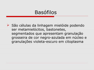 Basófilos
 São células da linhagem mielóide podendo
ser metamielócitos, bastonetes,
segmentados que apresentam granulação
grosseira de cor negro-azulada em núcleo e
granulações violeta-escuro em citoplasma
 