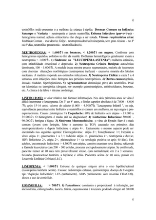 12


eosinófilos estão presentes e a melhora da criança é rápida. Doenças Comuns na Infância:
Sarampo e Varicela - neutropenia e depois neutrofilia; Eritema Infeccioso (parvovirus) -
hemograma normal, aplasia eritrocitária não chega a ser notada. Viroses respiratórias altas:
Resfriado Comun - leve desvio; Gripe - neutropenia/desvio/eosinopenia, sem gran. tóxicas - no 4º
ou 5º dias, neutrofilia: pneumonia - neutrofilia/desvio.

NEUTROPENIAS: < 1.600/? l em brancos, < 1.200/? l em negros. Confirmar com
hemogramas repetidos, colhidos no fim da manhã. Problemas hematológicos geralmente levam a
neutropenia < 1.000/? l. 1) Síndrome da "LEUCOPENIA-ASTENIA"; mulheres astênicas,
com irritabilidade emocional e depressão. 2) Neutropenia Crônica Benigna: autosômica
dominante, 100 - 1.000/?l. A medula óssea mostra poucos segmentados, maioria de bastonetes
com discretas alterações morfológicas (neutropoiese ineficaz) - excessiva simetria dos lóbulos
nucleares. A medula responde aos estímulos infecciosos. 3) Neutropenia Cíclica: a cada 3 a 4
semanas, com infecções orais/ faríngeas nos períodos neutropênicos. 4) Outras causas: aplasia,
invasão medular, hiperesplenismo. 5) Agranulocitose: diminuição grave dos neutrófilos. Pode
ser idiopática ou iatrogênica (drogas), por exemplo quimioterápicos, antitireoidianos, benzeno,
etc. A clínica é de febre + úlceras orofaringe.

LINFOCITOSE: o valor relativo não fornece informações. Nos dois primeiros anos de vida é
difícil interpretar o leucograma. Do 3º ao 8º anos, o limite superior absoluto é de 7.000 - 8.000
/? l; após 15-16 anos, valores do adulto (1.000 - 4.500/? l). "Leucograma Infantil ", ou seja,
equivalência percentual entre linfócitos e neutrófilos é comum em mulheres, na raça negra e pós-
esplenectomia. Causas patológicas: 1) Coqueluche: 80% de linfócitos sem atipias - 15.000 a
35.000/?l. O hemograma é muito útil ao diagnóstico! 2) Linfocitose Infecciosa: 50.000 -
90.000/?l, benigna e fugaz. 3) Síndrome Mononucleósica: o vírus de Epstein-Barr é o mais
comum (jovem com faringite, febre e aumento da TGP) causando nos primeiros dias
neutropenia/desvio e depois linfocitose e atipia 4+. Exatamente o mesmo aspecto pode ser
encontrado nos seguintes agentes: Citomegalovírus: atipia 2+; Toxoplasmose: 1+; Hepatite a
vírus: atipia 1+, plasmócitos 1 a 3+; Rubéola: atipia 1+, plasmócitos 4+, neutropenia e desvio;
HIV: linfocitose 2+, atipia 2+, plasmocitose 1+ (a sorologia positiva-se após 40 dias). Em
adultos, encontrando linfocitose > 4.500/? l sem atipias, convém examinar nova lâmina, refazendo
a fórmula leucocitária com 200 - 300 células, procurar escrupulosamente atipias. Se confirmada,
paciente menor de 40 anos tem provavelmente virose, com normalização em 2 a 3 semanas;
havendo plasmocitose também, a hipótese é sífilis. Pacientes acima de 40 anos, pensar em
Leucemia Linfática Crônica (LLC).

LINFOPENIA: < 1.000/? l. Estresse de qualquer origem ativa o eixo hipófise/adrenal
(eosinopenia também ocorre). Causas: radioterapia extensa, quimioterapia, doença de Hodgkin
tipo "depleção linfocitária", LES (tardiamente), AIDS (tardiamente, com inversão CD4/CD8),
idosos e uso de corticóide.

EOSINOFILIA:           > 700/? l. 1) Parasitoses: constantes e proporcional à infestação, por
ancilostoma, estrongilóides, áscaris, filária, esquistosoma e toxocara, podendo chegar até 30.000


                                                                                               12
 