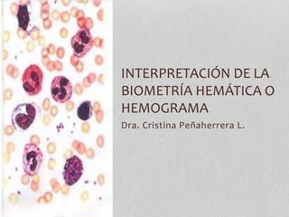 Dra. Cristina Peñaherrera L.
INTERPRETACIÓN DE LA
BIOMETRÍA HEMÁTICA O
HEMOGRAMA
 