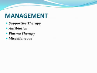 MANAGEMENT
 Supportive Therapy
 Antibiotics
 Plasma Therapy
 Miscellaneous
 