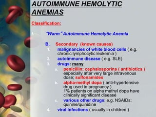 AUTOIMMUNE HEMOLYTIC
ANEMIAS
Classification:
I. “Warm” Autoimmune Hemolytic Anemia
B. Secondary (known causes)
1. malignancies of white blood cells ( e.g.
chronic lymphocytic leukemia )
2. autoimmune disease ( e.g. SLE)
3. drugs: many
a. penicillin; cephalosporins ( antibiotics )
especially after very large intravenous
dose; sulfonamides
b. alpha-methyl dopa ( anti-hypertensive
drug used in pregnancy )
1% patients on alpha methyl dopa have
clinically significant disease
c. various other drugs: e.g. NSAIDs;
quinine/quinidine
4. viral infections ( usually in children )
 