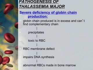 PATHOGENESIS OF
THALASSEMIA MAJOR
Severe deficiency of globin chain
production:
• globin chain produced is in excess and can’t
find complementary chain
• precipitates
• toxic to RBC
• RBC membrane defect
• impairs DNA synthesis
• abnormal RBCs made in bone marrow
 