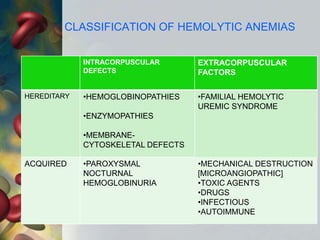 CLASSIFICATION OF HEMOLYTIC ANEMIAS
INTRACORPUSCULAR
DEFECTS
EXTRACORPUSCULAR
FACTORS
HEREDITARY •HEMOGLOBINOPATHIES
•ENZYMOPATHIES
•MEMBRANE-
CYTOSKELETAL DEFECTS
•FAMILIAL HEMOLYTIC
UREMIC SYNDROME
ACQUIRED •PAROXYSMAL
NOCTURNAL
HEMOGLOBINURIA
•MECHANICAL DESTRUCTION
[MICROANGIOPATHIC]
•TOXIC AGENTS
•DRUGS
•INFECTIOUS
•AUTOIMMUNE
 