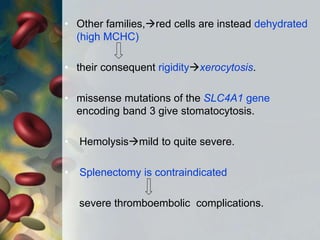• Other families,red cells are instead dehydrated
(high MCHC)
• their consequent rigidityxerocytosis.
• missense mutations of the SLC4A1 gene
encoding band 3 give stomatocytosis.
• Hemolysismild to quite severe.
• Splenectomy is contraindicated
severe thromboembolic complications.
 