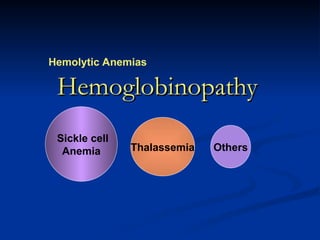 Hemoglobinopathy
Hemoglobinopathy
Hemolytic Anemias
Sickle cell
Anemia Thalassemia Others
 