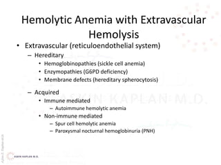 AşkınK.KaplanM.D.
Hemolytic Anemia with Extravascular
Hemolysis
• Extravascular (reticuloendothelial system)
– Hereditary
• Hemoglobinopathies (sickle cell anemia)
• Enzymopathies (G6PD deficiency)
• Membrane defects (hereditary spherocytosis)
– Acquired
• Immune mediated
– Autoimmune hemolytic anemia
• Non-immune mediated
– Spur cell hemolytic anemia
– Paroxysmal nocturnal hemoglobinuria (PNH)
 