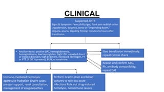 CLINICAL
Suspected AHTR
Signs & Symptom: Fever,chills,rigor, flank pain reddish urine
,hypotension, dyspnea, sense of “impending doom,”
oliguria, anuria, bleeding Timing: minutes to hours after
transfusion
Stop transfusion immediately,
repeat clerical check
• Ancillary tests: positive DAT, hemoglobinemia,
hemoglobinuria, low haptoglobin, high LDH, elevated direct
or indirect bilirubin, high D-dimers, increased fibrinogen, PT
or PTT (if DIC is present), BUN, or creatinine
Repeat and confirm ABO,
Rh, antibody compatibility;
repeat DAT
Immune-mediated hemolysis:
aggressive hydration Severe cases:
pressor support, renal consultation,
management of coagulopathies
Perform Gram's stain and blood
cultures to rule out acute
Infections Rule out drug-induced
hemolysis, nonimmune causes
 
