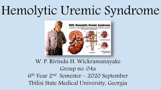 W. P. Rivindu H. Wickramanayake
Group no. 04a
6th Year 2nd Semester – 2020 September
Tbilisi State Medical University, Georgia
Hemolytic Uremic Syndrome
 