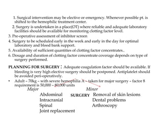 1. Surgical intervention may be elective or emergency. Whenever possible pt. is
shifted to the hemophilic treatment center.
2. Surgery is undertaken in a place(OT) where reliable and adequate laboratory
facilities should be available for monitoring clotting factor level.
3. Pre-operative assessment of inhibitor screen
4. Surgery to be scheduled early in the week and early in the day for optimal
laboratory and blood bank support.
5. Availability of sufficient quantities of clotting factor concentrates..
6. Dosage and duration of clotting factor concentrate coverage depends on type of
surgery performed.
PLANNING FOR SURGERY : Adequate coagulation factor should be available. If
bleeding is very high elective surgery should be postponed. Antiplatelet should
be avoided peri-operatively.
• Adult – 70kg – with severe hemophilia A – taken for major surgery – factor 8
requirement is 50,000 – 80,000 units
SURGERY
Major Minor
Abdominal Removal of skin lesions
Intracranial Dental problems
Spinal Arthroscopy
Joint replacement
 