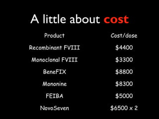 A little about cost
     Product        Cost/dose

Recombinant FVIII    $4400

Monoclonal FVIII     $3300

    BeneFIX          $8800

    Mononine         $8300

     FEIBA           $5000

   NovoSeven        $6500 x 2
 