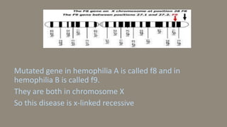 Mutated gene in hemophilia A is called f8 and in
hemophilia B is called f9.
They are both in chromosome X
So this disease is x-linked recessive
 