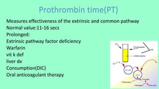 Measures effectiveness of the extrinsic and common pathway
Normal value:11-16 secs
Prolonged:
Extrinsic pathway factor deficiency
Warfarin
vit k def
liver dx
Consumption(DIC)
Oral anticoagulant therapy
Prothrombin time(PT)
 