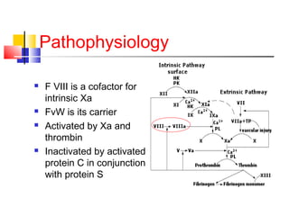 Pathophysiology
 F VIII is a cofactor for
intrinsic Xa
 FvW is its carrier
 Activated by Xa and
thrombin
 Inactivated by activated
protein C in conjunction
with protein S
 