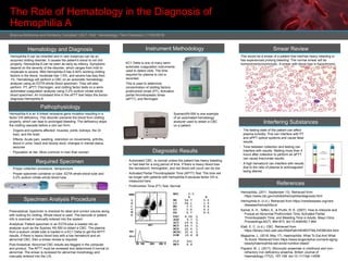 The Role of Hematology in the Diagnosis of
Hemophilia A
Brianna McKenna and Kimberly Campbell | MLT-1042 Hematology l Terri Domenici | 11/05/2018
Hematology and Diagnosis
Hemophilia A can be inherited and in rare instances can be an
acquired clotting disorder. It causes the patient’s blood to not clot
properly. Hemophilia A can be seen as early as infancy. Symptoms
depend on the severity of the disorder, which ranges from mild to
moderate to severe. Mild Hemophilia A has 5-40% working clotting
factors in the blood, moderate has 1-5%, and severe has less then
1%. Hematology will perform a CBC on an automatic hematology
analyzer using an EDTA whole blood specimen. They will also
perform PT, aPTT, Fibrinogen, and clotting factor tests on a semi-
automated coagulation analyzer using 3.2% sodium citrate whole
blood specimen. An increased time in the aPTT test helps the doctor
diagnose Hemophilia A.
Pathophysiology
Hemophilia A is an X-linked recessive gene mutation resulting in a
factor VIII deficiency. This disorder prevents the blood from clotting
properly, which can lead to prolonged bleeding. The deficiency stops
the clotting cascade before a clot can form.
• Organs and systems affected: muscles, joints, kidneys, the GI
tract, and the brain
• Effects: Acute pain, swelling, restriction on movements, arthritis,
blood in urine, black and bloody stool, changes in mental status,
seizures
• Population at risk: More common in men than women
Required Specimen
• Proper collection procedure: Venipuncture
• Proper specimen container or tube: EDTA whole blood tube and
3.2% sodium citrate whole blood tube
Instrument Methodology
Specimen Analysis Procedure
Diagnostic Results
• Automated CBC: Is normal unless the patient has heavy bleeding
or had bled for a long period of time. If there is heavy blood loss
the hematocrit, hemoglobin, and red blood cell count can be low
• Activated Partial Thromboplastin Time (APTT) Test: The time will
be longer with patients with hemophilia A because factor VIII is
measured here.
• Prothrombin Time (PT) Test: Normal
Interfering Substances
Smear Review
This would be a smear of a patient that had/has heavy bleeding or
has experienced prolong bleeding. The normal smear will be
normochromic/normocytic. A smear with blood loss is hypochromic.
References
Hemophilia. (2011, September 13). Retrieved from
https://www.cdc.gov/ncbddd/hemophilia/diagnosis.html
Hemophilia A. (n.d.). Retrieved from https://rarediseases.org/rare-
diseases/hemophilia-a/
Kamal, A. H., Tefferi, A., & Pruthi, R. K. (2007). How to Interpret and
Pursue an Abnormal Prothrombin Time, Activated Partial
Thromboplastin Time, and Bleeding Time in Adults. Mayo Clinic
Proceedings,82(7), 864-873. doi:10.4065/82.7.864
Klatt, E. C. (n.d.). CBC. Retrieved from
https://library.med.utah.edu/WebPath/HEMEHTML/HEME024.html
Magazine, L. (2018, May 17). Haemophilia: What To Eat And What
To Avoid. Retrieved from https://www.longevitylive.com/anti-aging-
beauty/haemophilia-eat-avoid-nutrition-bleed/
Pippard, M. J. (2017). Microcytic anaemias in childhood and iron-
refractory iron deficiency anaemia. British Journal of
Haematology,177(2), 167-168. doi:10.1111/bjh.14558
Preanalytical: Specimen is checked for label and correct volume along
with looking for clotting. Whole blood is used. The barcode or patient
info is scanned or manually entered into the system.
Analytical: Patient specimen in an EDTA tube is loaded into an
analyzer such as the Sysmex XN 550 to obtain a CBC. The plasma
from a sodium citrate tube is loaded in a KC1 Delta to get the APTT
results. If there is heavy blood loss with a low hematocrit and an
abnormal CBC, then a smear review is required.
Post Analytical: Abnormal CBC results are flagged in the computer
and printout. The APTT must be reviewed and determined if normal or
abnormal. The smear is reviewed for abnormal morphology and
manually entered into the LIS.
• The fasting state of the patient can affect
plasma turbidity. This can interfere with PT
and aPPT optical systems and cause false
results.
• Time between collection and testing can
interfere with results. Waiting more than 4
hours after collection to perform an aPTT
can cause inaccurate results.
• A high hematocrit can interfere with results
due to the ratio of plasma to anticoagulant
being altered.
KC1 Delta is one of many semi-
automatic coagulation instruments
used to detect clots. The time
required for plasma to clot is
recorded.
This is used to determine
concentration of clotting factors.
prothrombin times (PT), Activation
partial thromboplastic times
(aPTT), and fibrinogen
SysmexXN-550 is one example
of an automated hematology
analyzer used to obtain a CBC
on a patient.
 