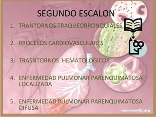 SEGUNDO ESCALON
1. TRANTORNOS TRAQUEOBRONQUIALES
2. PROCESOS CARDIOVASCULARES
3. TRASNTORNOS HEMATOLOGICOS
4. ENFERMEDAD PULMONAR PARENQUIMATOSA
LOCALIZADA
5. ENFERMEDAD PULMONAR PARENQUIMATOSA
DIFUSA
 