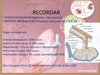 RECORDAR
• ATERIAS PULMONARES (grandes- baja presion)
• ARTERIAS BRONQUIALES (Pequeñas-alta presion) 2-3 % GC
0rìgen de sangrado:
Arterias bronquiales: 90% casos.
Arterias Pulmonares: 5-10% casos.
•Representa: 11% de ingresos a Neumologìa.
•Ameritan cirugìa: 38% casos.
•Hemoptisis Masiva: 5% casos, mortalidad60-85%.
Chest Surgery Clinics Of North America vol11;No.4;Nov 2001
 
