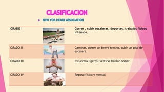  NEW YOR HEART ASSOCIATION
GRADO I Correr , subir escaleras, deportes, trabajos físicos
intensos.
GRADO II Caminar, correr un breve trecho, subir un piso de
escalera.
GRADO III Esfuerzos ligeros: vestirse hablar comer
GRADO IV Reposo físico y mental
 