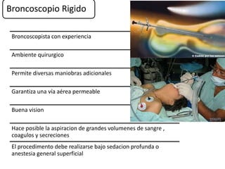 Broncoscopio Rigido
Broncoscopista con experiencia
Ambiente quirurgico
Permite diversas maniobras adicionales
Garantiza una vía aérea permeable
Buena vision
Hace posible la aspiracion de grandes volumenes de sangre ,
coagulos y secreciones
El procedimento debe realizarse bajo sedacion profunda o
anestesia general superficial
 