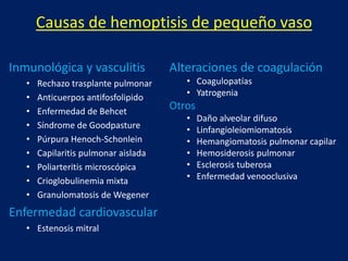 Causas de hemoptisis de pequeño vaso
Inmunológica y vasculitis
• Rechazo trasplante pulmonar
• Anticuerpos antifosfolipido
• Enfermedad de Behcet
• Síndrome de Goodpasture
• Púrpura Henoch-Schonlein
• Capilaritis pulmonar aislada
• Poliarteritis microscópica
• Crioglobulinemia mixta
• Granulomatosis de Wegener
Enfermedad cardiovascular
• Estenosis mitral
Alteraciones de coagulación
• Coagulopatías
• Yatrogenia
Otros
• Daño alveolar difuso
• Linfangioleiomiomatosis
• Hemangiomatosis pulmonar capilar
• Hemosiderosis pulmonar
• Esclerosis tuberosa
• Enfermedad venooclusiva
 