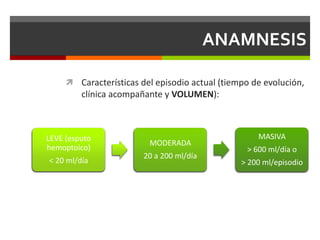 ANAMNESIS
 Características del episodio actual (tiempo de evolución,
clínica acompañante y VOLUMEN):
LEVE (esputo
hemoptoico)
< 20 ml/día
MODERADA
20 a 200 ml/día
MASIVA
> 600 ml/día o
> 200 ml/episodio
 