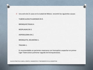 O Una serie de 21 casos en la ciudad de México encontró las siguientes causas:
- TUBERCULOSIS PULMONAR EN 9.
- BRONQUIECTASIAS 4.
- NEOPLASIAS EN 3.
- ASPERGILOMA EN 2.
- BRONQUITIS, NEUMONIA 1.
- TRAUMA 1.
- Es recomendable en pacientes mexicanos con hemoptisis sospechar en primer
lugar Tuberculosis pulmonar seguido de bronquiectasias.
GUIA DE PRACTICA CLINICA, CENETEC. DIAGNOSTICO Y TRATAMIENTO DE LA HEMOPTISIS
 