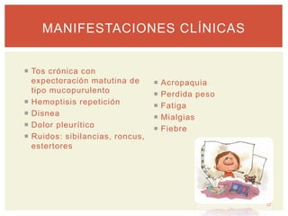  Tos crónica con
expectoración matutina de
tipo mucopurulento
 Hemoptisis repetición
 Disnea
 Dolor pleurítico
 Ruidos: sibilancias, roncus,
estertores
 Acropaquia
 Perdida peso
 Fatiga
 Mialgias
 Fiebre
32
MANIFESTACIONES CLÍNICAS
 