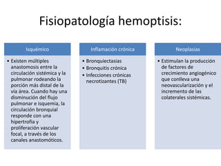 Fisiopatología hemoptisis:
Isquémico
• Existen múltiples
anastomosis entre la
circulación sistémica y la
pulmonar rodeando la
porción más distal de la
vía área. Cuando hay una
disminución del flujo
pulmonar e isquemia, la
circulación bronquial
responde con una
hipertrofia y
proliferación vascular
focal, a través de los
canales anastomóticos.
Inflamación crónica
• Bronquiectasias
• Bronquitis crónica
• Infecciones crónicas
necrotizantes (TB)
Neoplasias
• Estimulan la producción
de factores de
crecimiento angiogénico
que conlleva una
neovascularización y el
incremento de las
colaterales sistémicas.
 