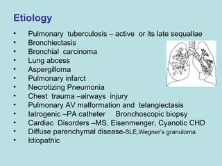 Etiology 
• Pulmonary tuberculosis – active or its late sequallae 
• Bronchiectasis 
• Bronchial carcinoma 
• Lung abcess ...