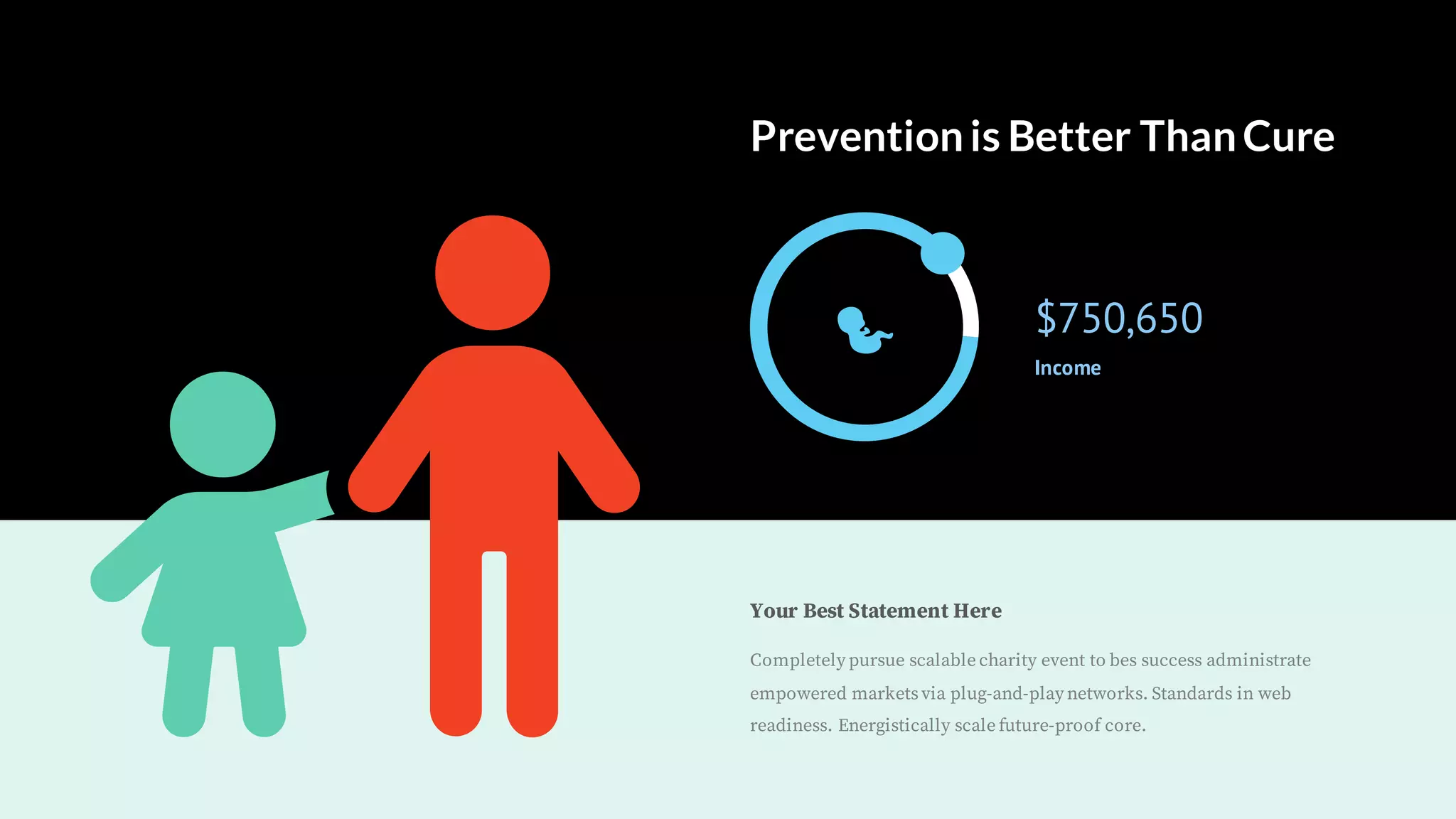 Your Best Statement Here
Completely pursue scalable charity event to bes success administrate
empowered marketsvia plug-and-play networks. Standards in web
readiness. Energistically scale future-proof core.
Preventionis Better ThanCure
$750,650
Income
 