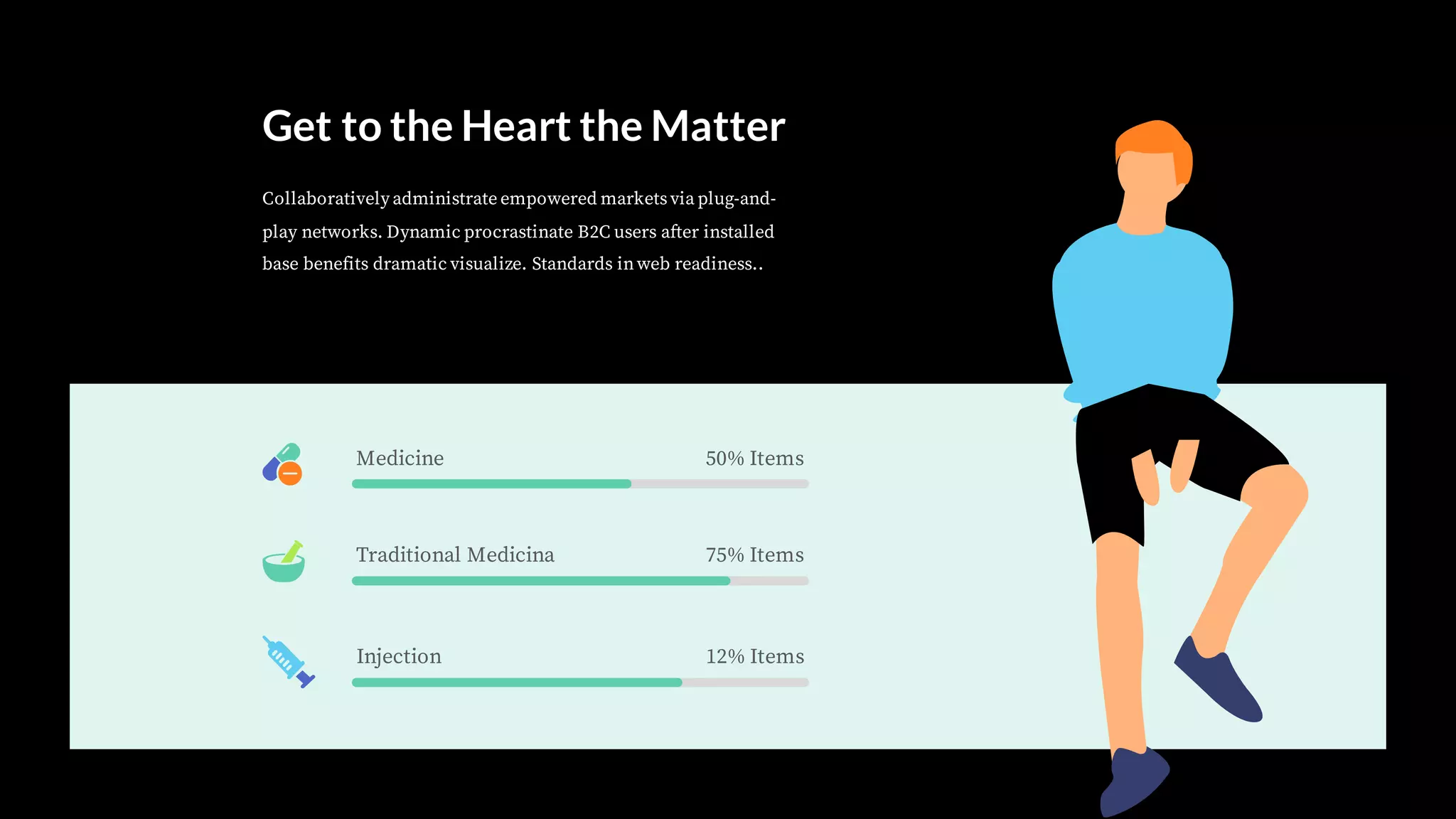 Medicine 50% Items
Injection 12% Items
Traditional Medicina 75% Items
Get to the Heart the Matter
Collaboratively administrate empowered marketsvia plug-and-
play networks. Dynamic procrastinate B2C users after installed
base benefits dramatic visualize. Standards inweb readiness..
 