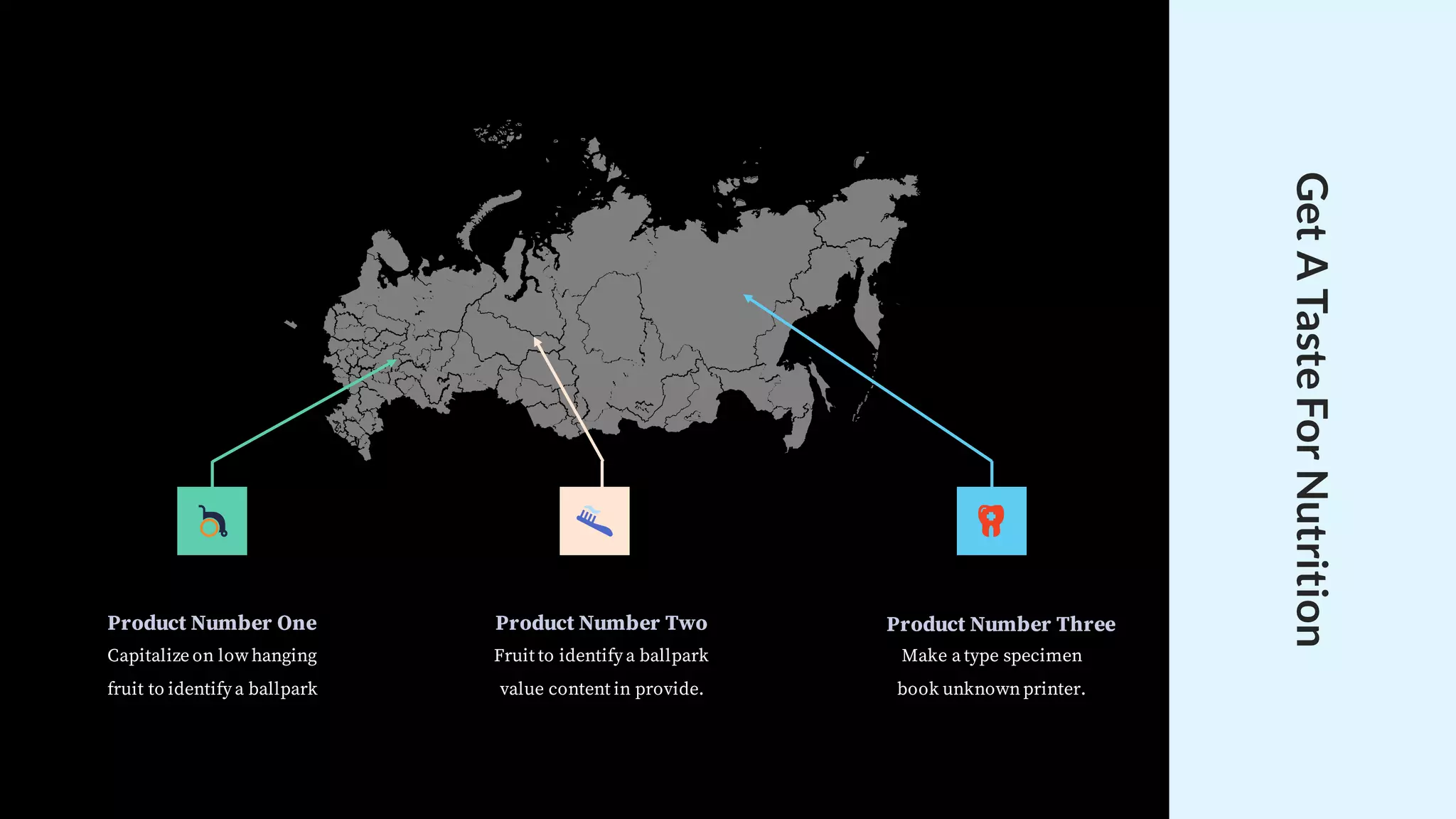 GetATasteForNutrition
Product Number One
Capitalize on low hanging
fruit to identify a ballpark
Product Number Two
Fruit to identify a ballpark
value content in provide.
Product Number Three
Make a type specimen
book unknownprinter.
 