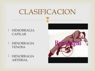 CLASIFICACION

 HEMORRAGIA
CAPILAR
 HENORRAGIA
VENOSA
 HENORRAGIA
ARTERIAL

 