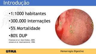 Introdução
•1:1000 habitantes
•300.000 Internações
•5% Mortalidade
•80% DUP
Freeman et al. Gast Endosc, 2009.
Jensen et al. Gastroenterol, 1998.
Hemorragia Digestiva
 