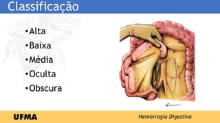 Classificação
•Alta
•Baixa
•Média
•Oculta
•Obscura
Hemorragia Digestiva
 