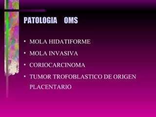 PATOLOGIA  OMS MOLA HIDATIFORME MOLA INVASIVA CORIOCARCINOMA TUMOR TROFOBLASTICO DE ORIGEN PLACENTARIO 